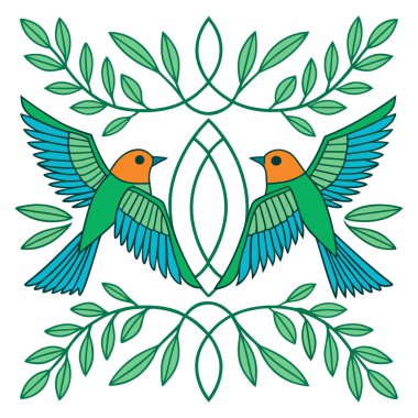 The design has a distinct folk art or geometric aesthetic, with the birds rendered in bright blocks of color: orange and teal-blue on their bodies,