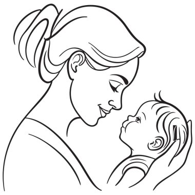 Minimalist siyah-beyaz çizgili bir sanat vektörü annelik bağının hassas bir anını tasvir ediyor. İllüstrasyonda, saçlarını geriye tarayan şefkatli bir annenin, küçük çocuğuna sevgiyle baktığı ve ona dik dik bakan bir anne yer alıyor. Aşkı simgeliyor., 