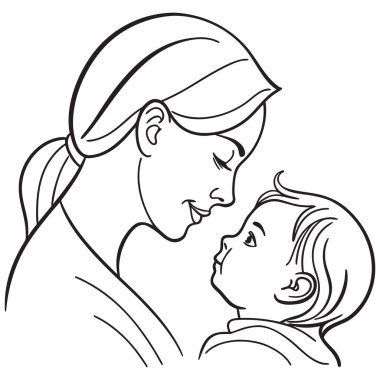 Minimalist siyah-beyaz çizgili bir sanat vektörü annelik bağının hassas bir anını tasvir ediyor. İllüstrasyonda, saçlarını geriye tarayan şefkatli bir annenin, küçük çocuğuna sevgiyle baktığı ve ona dik dik bakan bir anne yer alıyor. Aşkı simgeliyor., 