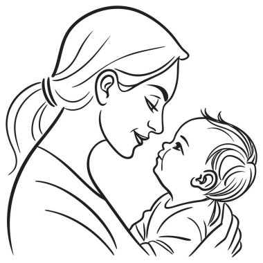 Minimalist siyah-beyaz çizgili bir sanat vektörü annelik bağının hassas bir anını tasvir ediyor. İllüstrasyonda, saçlarını geriye tarayan şefkatli bir annenin, küçük çocuğuna sevgiyle baktığı ve ona dik dik bakan bir anne yer alıyor. Aşkı simgeliyor., 