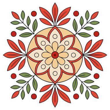 Pembe, turuncu ve deniz mavisi tonlarında canlı ve simetrik bir mandala. Davetiyeler, etnik baskılar veya meditasyon ve yoga temalı tasarımlar için dekoratif bir grafik olarak mükemmel.