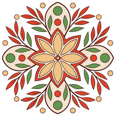 Pembe, turuncu ve deniz mavisi tonlarında canlı ve simetrik bir mandala. Davetiyeler, etnik baskılar veya meditasyon ve yoga temalı tasarımlar için dekoratif bir grafik olarak mükemmel.