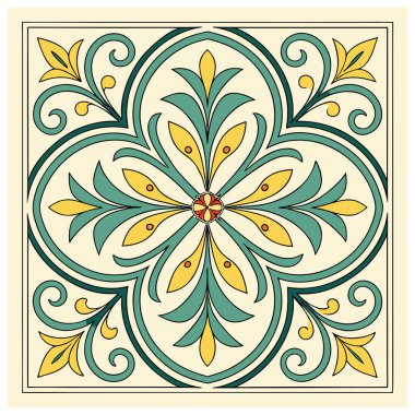 Bu resim, cesur renkleri ve simetrik desenleriyle bilinen geleneksel bir İtalyan teneke kaplama çömlek formu olan Majolica stili dekoratif fayansları içerir..