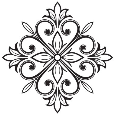 This elegant black and white line art ornament features a sophisticated symmetrical design, blending classical fleur-de-lis motifs with modern minimalist aesthetics. The intricate scrollwork and floral elements radiate from a central point,