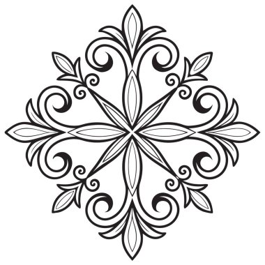 Bu zarif siyah beyaz çizgi sanat süsü modern minimalist estetikle klasik fleur-de-lis motiflerini harmanlayan gelişmiş simetrik bir tasarıma sahiptir. Karmaşık kaydırma ve çiçek elementleri merkezi bir noktadan yayılıyor.,