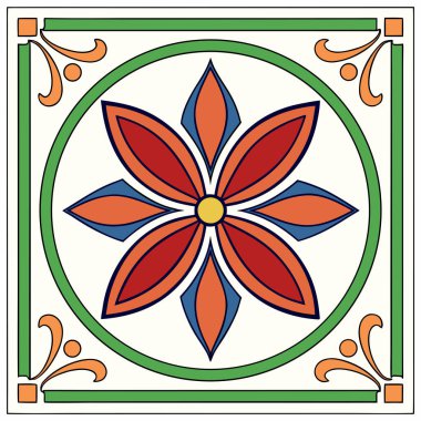 Bu resim, krem rengi bir arka planda simetrik, çok renkli bir çiçek motifi ile karakterize edilmiş dekoratif kare bir fayans tasarımı içerir. Merkezinde sarı çizgileri olan sekiz yapraklı kırmızı bir çiçek var. Kalın yeşil bir daireyle çevrili.