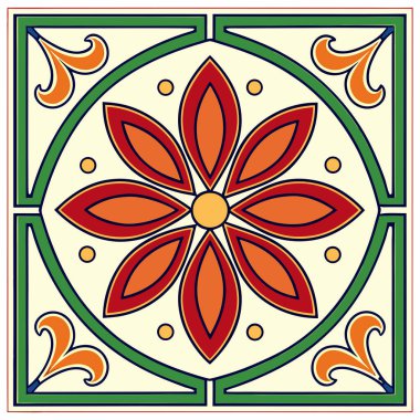 Bu resim, krem rengi bir arka planda simetrik, çok renkli bir çiçek motifi ile karakterize edilmiş dekoratif kare bir fayans tasarımı içerir. Merkezinde sarı çizgileri olan sekiz yapraklı kırmızı bir çiçek var. Kalın yeşil bir daireyle çevrili.