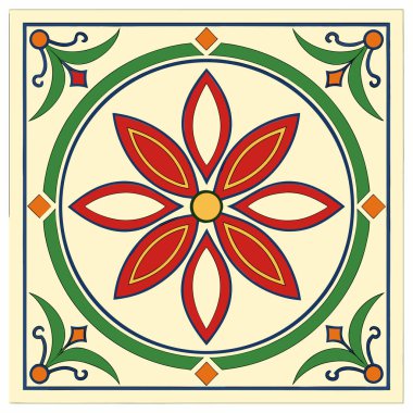 Bu resim, krem rengi bir arka planda simetrik, çok renkli bir çiçek motifi ile karakterize edilmiş dekoratif kare bir fayans tasarımı içerir. Merkezinde sarı çizgileri olan sekiz yapraklı kırmızı bir çiçek var. Kalın yeşil bir daireyle çevrili.