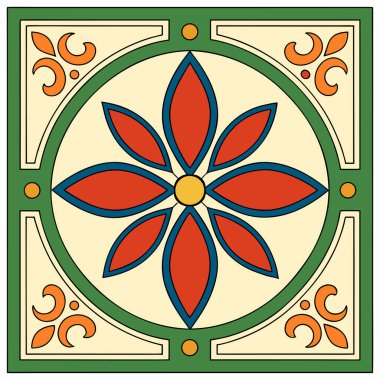 Bu resim, krem rengi bir arka planda simetrik, çok renkli bir çiçek motifi ile karakterize edilmiş dekoratif kare bir fayans tasarımı içerir. Merkezinde sarı çizgileri olan sekiz yapraklı kırmızı bir çiçek var. Kalın yeşil bir daireyle çevrili.