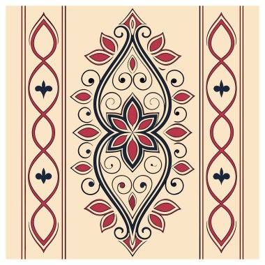 Bu illüstrasyon modern vektör hassasiyetiyle halk sanatı estetiğini harmanlayan karmaşık simetrik bir süslemedir. Klasik bir renk paleti kullanarak zarif girdaplar ve dikey kenarlarla çerçevelenmiş merkezi bir çiçek mandala içerir.