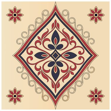 Bu illüstrasyon modern vektör hassasiyetiyle halk sanatı estetiğini harmanlayan karmaşık simetrik bir süslemedir. Klasik bir renk paleti kullanarak zarif girdaplar ve dikey kenarlarla çerçevelenmiş merkezi bir çiçek mandala içerir.