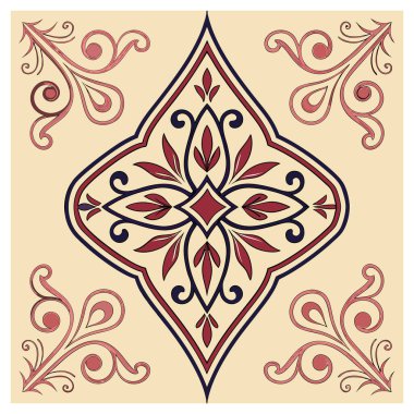 Bu illüstrasyon modern vektör hassasiyetiyle halk sanatı estetiğini harmanlayan karmaşık simetrik bir süslemedir. Klasik bir renk paleti kullanarak zarif girdaplar ve dikey kenarlarla çerçevelenmiş merkezi bir çiçek mandala içerir.