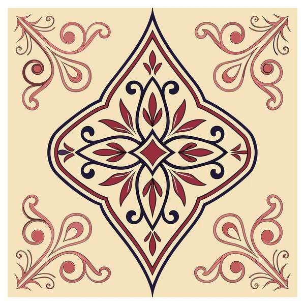 Bu illüstrasyon modern vektör hassasiyetiyle halk sanatı estetiğini harmanlayan karmaşık simetrik bir süslemedir. Klasik bir renk paleti kullanarak zarif girdaplar ve dikey kenarlarla çerçevelenmiş merkezi bir çiçek mandala içerir.