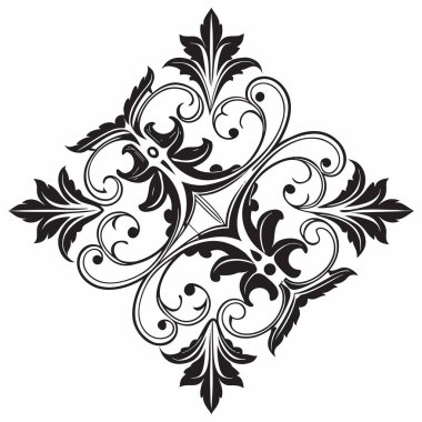 Şekillendirilmiş çiçek motifleri, kayan sarmaşıklar ve köşegen ve simetrik kompozisyonda süslü yapraklar içeren karmaşık bir siyah ve beyaz vektör grafiği. Bu zarif gösteriş köşe elemanı olarak kullanılmak üzere tasarlanmıştır, dekoratif bölücü,
