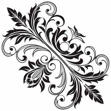 Şekillendirilmiş çiçek motifleri, kayan sarmaşıklar ve köşegen ve simetrik kompozisyonda süslü yapraklar içeren karmaşık bir siyah ve beyaz vektör grafiği. Bu zarif gösteriş köşe elemanı olarak kullanılmak üzere tasarlanmıştır, dekoratif bölücü,
