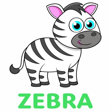 Çizgi film stili neşeli bir zebra karakteri yan profil görünümünde duruyor ve yüksek kaliteli bir vektör çizimi olarak sunuluyor. Tasarım kalın hatlar, parlak mavi gözler ve altında büyük yeşil harflerle yazılmış 