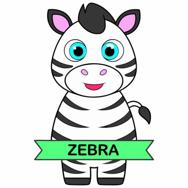 Çizgi film stili neşeli bir zebra karakteri yan profil görünümünde duruyor ve yüksek kaliteli bir vektör çizimi olarak sunuluyor. Tasarım kalın hatlar, parlak mavi gözler ve altında büyük yeşil harflerle yazılmış 