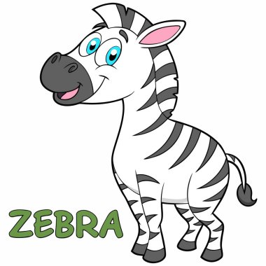 Çizgi film stili neşeli bir zebra karakteri yan profil görünümünde duruyor ve yüksek kaliteli bir vektör çizimi olarak sunuluyor. Tasarım kalın hatlar, parlak mavi gözler ve altında büyük yeşil harflerle yazılmış 