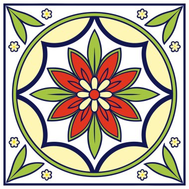 Geleneksel Meksika halk sanatı motifleri içeren canlı, pürüzsüz bir Talavera fayans deseni. Tasarım, karmaşık mavi, sarı ve turuncu çiçekli desenlerden oluşur ve beyaz bir zemin oluşturarak dekoratif bir Akdeniz oluşturur.