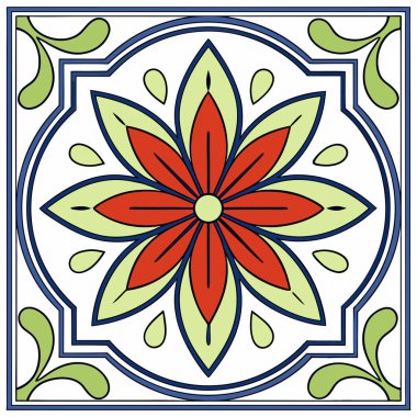 Geleneksel Meksika halk sanatı motifleri içeren canlı, pürüzsüz bir Talavera fayans deseni. Tasarım, karmaşık mavi, sarı ve turuncu çiçekli desenlerden oluşur ve beyaz bir zemin oluşturarak dekoratif bir Akdeniz oluşturur.