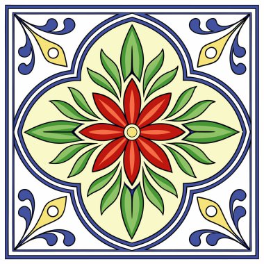 Geleneksel Meksika halk sanatı motifleri içeren canlı, pürüzsüz bir Talavera fayans deseni. Tasarım, karmaşık mavi, sarı ve turuncu çiçekli desenlerden oluşur ve beyaz bir zemin oluşturarak dekoratif bir Akdeniz oluşturur.