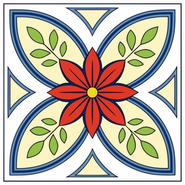 Geleneksel Meksika halk sanatı motifleri içeren canlı, pürüzsüz bir Talavera fayans deseni. Tasarım, karmaşık mavi, sarı ve turuncu çiçekli desenlerden oluşur ve beyaz bir zemin oluşturarak dekoratif bir Akdeniz oluşturur.