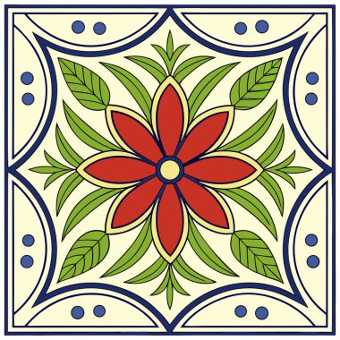 Geleneksel Meksika halk sanatı motifleri içeren canlı, pürüzsüz bir Talavera fayans deseni. Tasarım, karmaşık mavi, sarı ve turuncu çiçekli desenlerden oluşur ve beyaz bir zemin oluşturarak dekoratif bir Akdeniz oluşturur.