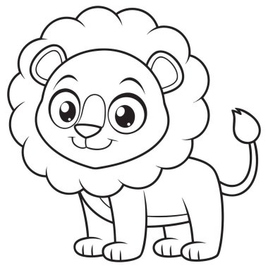 Bu resim, çocuklar için tasarlanmış, karikatür tarzı bir aslanın siyah beyaz çizgisi..