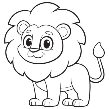 Bu resim, çocuklar için tasarlanmış, karikatür tarzı bir aslanın siyah beyaz çizgisi..