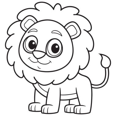 Bu resim, çocuklar için tasarlanmış, karikatür tarzı bir aslanın siyah beyaz çizgisi..