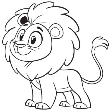 Bu resim, çocuklar için tasarlanmış, karikatür tarzı bir aslanın siyah beyaz çizgisi..