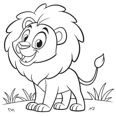 Bu resim, çocuklar için tasarlanmış, karikatür tarzı bir aslanın siyah beyaz çizgisi..