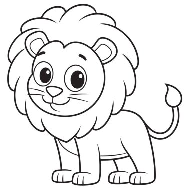 Bu resim, çocuklar için tasarlanmış, karikatür tarzı bir aslanın siyah beyaz çizgisi..