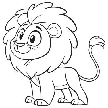 Bu resim, çocuklar için tasarlanmış, karikatür tarzı bir aslanın siyah beyaz çizgisi..