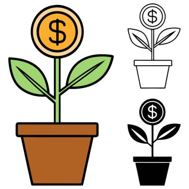 Bu illüstrasyon finansal büyüme ve yatırım başarısının çok yönlü bir metaforudur. Üzerinde çiçek yerine bir dolar para bulunan klasik bir çömlekten büyüyen bir 