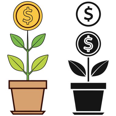 Bu illüstrasyon finansal büyüme ve yatırım başarısının çok yönlü bir metaforudur. Üzerinde çiçek yerine bir dolar para bulunan klasik bir çömlekten büyüyen bir 
