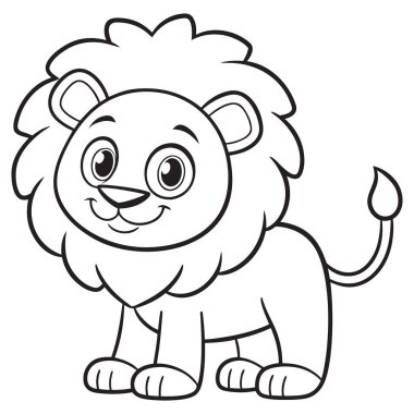 Bu resim, temiz, siyah-beyaz çizgi çizgisi tarzında dizayn edilmiş şirin ve dost canlısı bir aslan yavrusunu gösteriyor. Büyük, anlamlı gözleri ve gülümseyen yüzü onu çocukların eğitim materyalleri ve yaratıcı projeleri için ideal bir kaynak yapıyor..