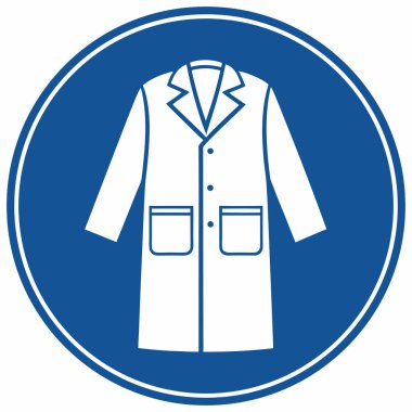 Bu resim, ISO 'nun iş güvenliği standardına uygun profesyonel bir Zorunlu Güvenlik İşareti simgesidir. Beyaz kenarlı, kati mavi dairesel bir zemin üzerine kurulmuş bir laboratuvar önlüğünün (koruyucu giysiler) temiz, beyaz bir siluetini içerir..