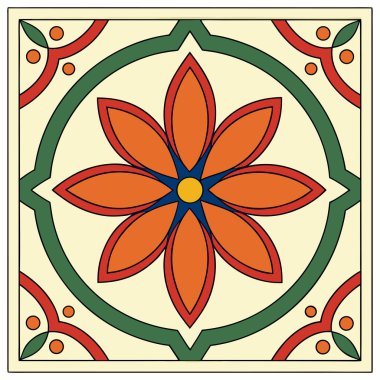 Bu resim, geleneksel Akdeniz ve Fas seramik sanatından esinlenmiş canlı, simetrik bir çiçek deseni..