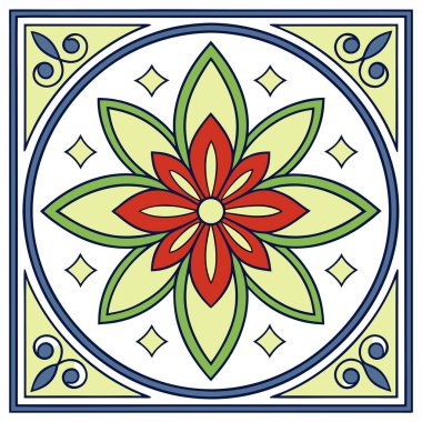 Bu resim, geleneksel Akdeniz ve Fas seramik sanatından esinlenmiş canlı, simetrik bir çiçek deseni..