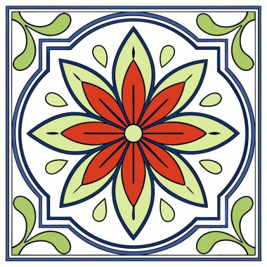 Bu resim, geleneksel Akdeniz ve Fas seramik sanatından esinlenmiş canlı, simetrik bir çiçek deseni..