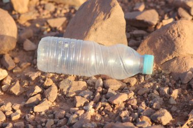 Yerde yatan plastik bir şişe, plastik kirlilik, plastik çevresel etki.