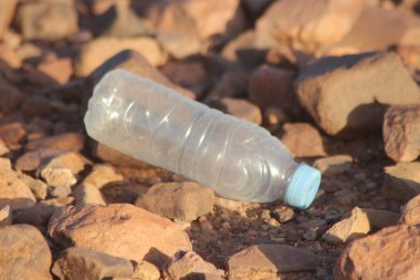 Yerde yatan plastik bir şişe, plastik kirlilik, plastik çevresel etki.