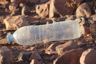 Yerde yatan plastik bir şişe, plastik kirlilik, plastik çevresel etki.