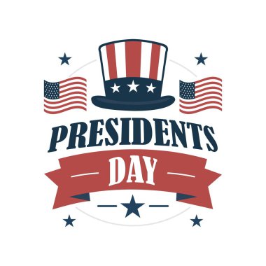 Başkanlık Günü. Vatansever Şapka, Amerikan Bayrakları, Yıldızlar ve Şenlikli Selamlar için Tipografi Grafiği.