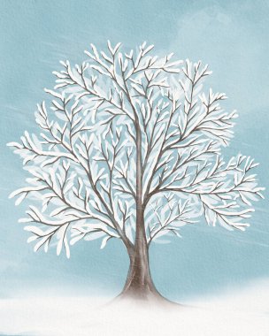 Büyük bir ağaç dallarında beyaz karla süslenir, parlak mavi bir gökyüzüne karşı kurulur. Sahne, sakin bir açık havada kışın güzelliğini yakalar..