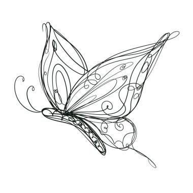 Kelebek basit çizgiler ve kıvrımlarla yaratılır ve kanat ve vücuda odaklanır. Tasarım renkler olmadan kelebeğin şeklinin güzelliğini vurgular..