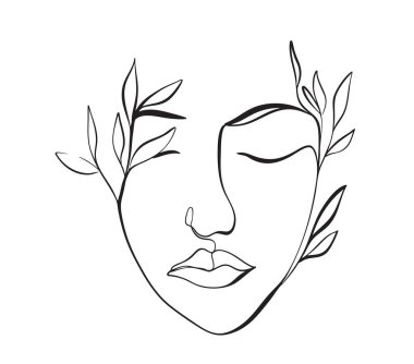 Basit bir çizim kapalı gözlü bir kadının yüzünü gösteriyor. Yapraklar yüzün etrafına konur ve doğal bir tema yaratır. Tasarım temiz ve renksiz..