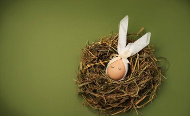 Yumurtaları tavşan temalı süsleyerek Paskalya 'yı kutluyoruz. Yumurta bir saman yuvasında, basit tatil tasarımları ve renkleri sergiliyor..