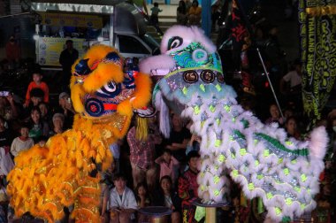 Mae Sai, Chiang Rai, Tayland, 2 Mart 2026: Çin Kurbağa Tanrısı Tapınağı önünde aslan kukla gösterisi.